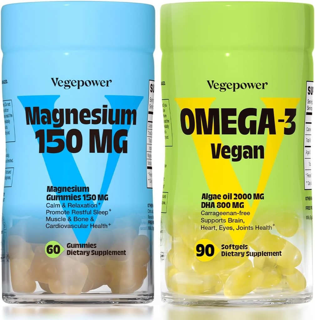 ビーガンオメガ-3 + マグネシウムグミー  脳のための藻オメガ3 800mg DHAサプリメント, 心臓の目の健康- 90 カウント | 150mg マグネシウムのクエン酸塩は大人と子供用カルムスリープのためのグミー, リラックス