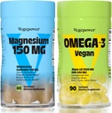 ビーガンオメガ-3 + マグネシウムグミー  脳のための藻オメガ3 800mg DHAサプリメント, 心臓の目の健康- 90 カウント | 150mg マグネシウムのクエン酸塩は大人と子供用カルムスリープのためのグミー, リラックス