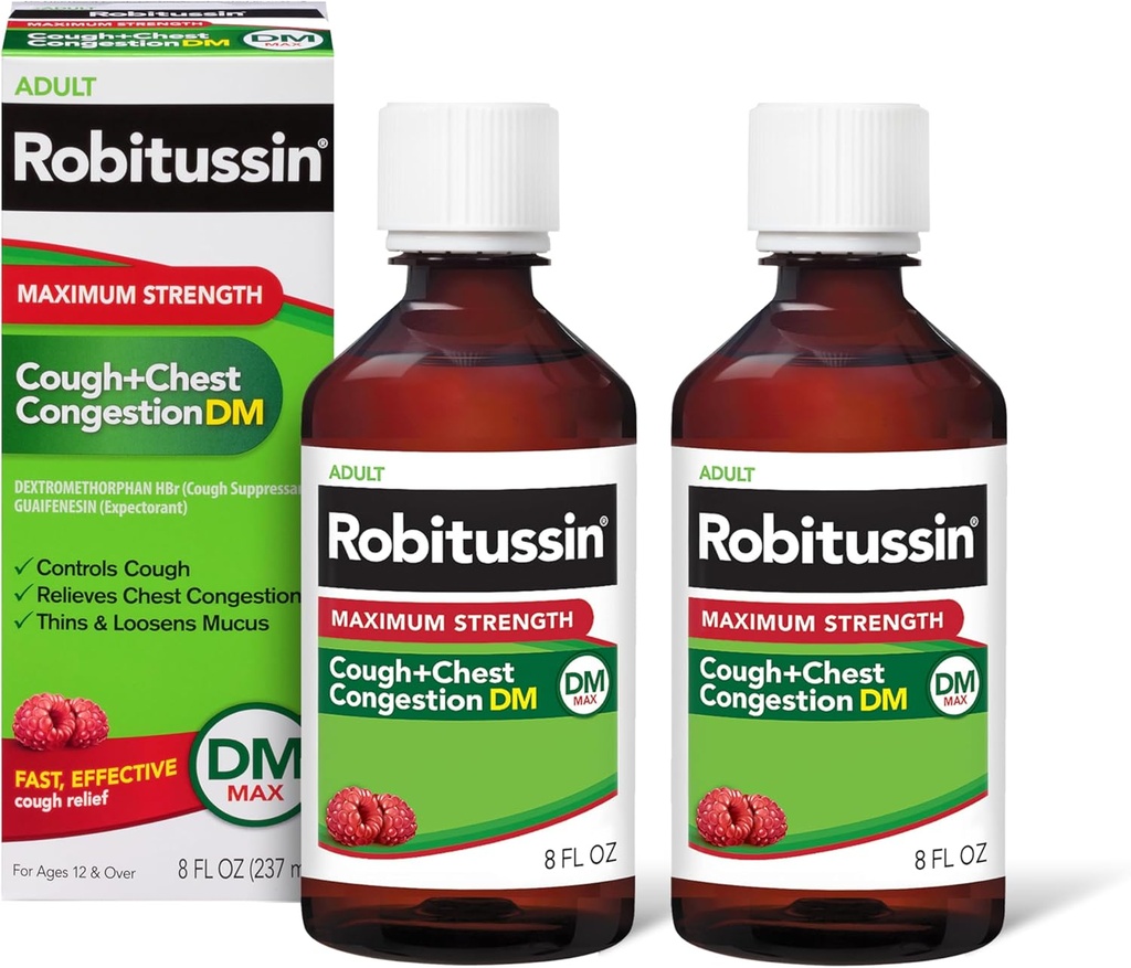 Robitussin Adult Maximum Strength Cough Plus Chest Congestion DM Max, Cough Suppressant and Expectorant, Raspberry Flavor, 8 Fl Oz x 2