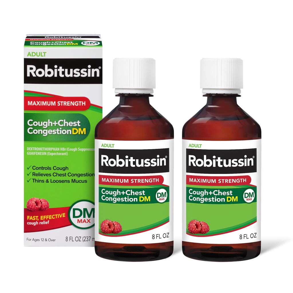 Robitussinの大人の最高の強さの咳プラスの箱の混雑DMの最高、咳の抑制剤および Expectorantのラズベリーの味、8の小麦粉Oz x 2