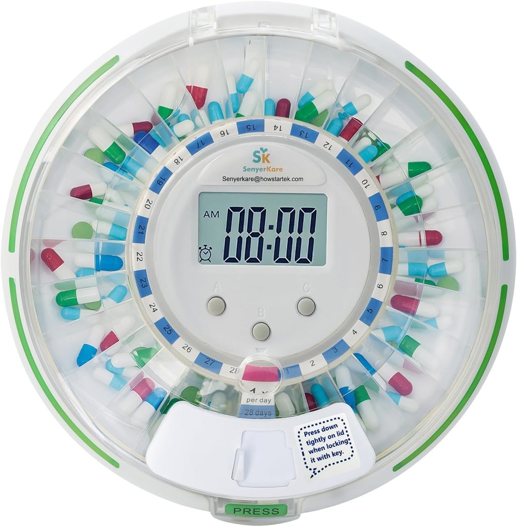 安全ロック、点滅ライト、音、警報、ビタミンおよびタブレットのための28日電子薬ディスペンサーが付いている自動丸薬ディスペンサーは6回/日、容易な表示、明確なふたを錠剤にします