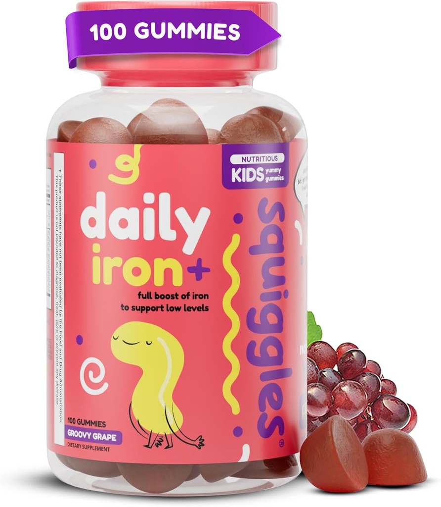 Squiggles Kids Daily Iron + Gummies - アイロン付きのChewableサプリメント、子供用のMultivitamin、低砂糖、ビーガン、Toddler Gummies、Yummy Grape Flavor (100カウント)