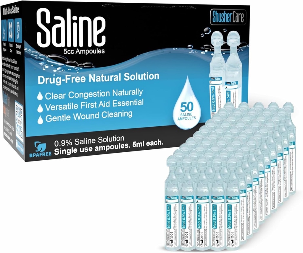 Saline Ampoules - Nebulizer、ナトリウムの塩化物0.9%のためのサリンの解決、赤ん坊、子供および大人、生殖不能の鼻の心配、傷の清潔になる- 50の計算(5mlそれぞれ)