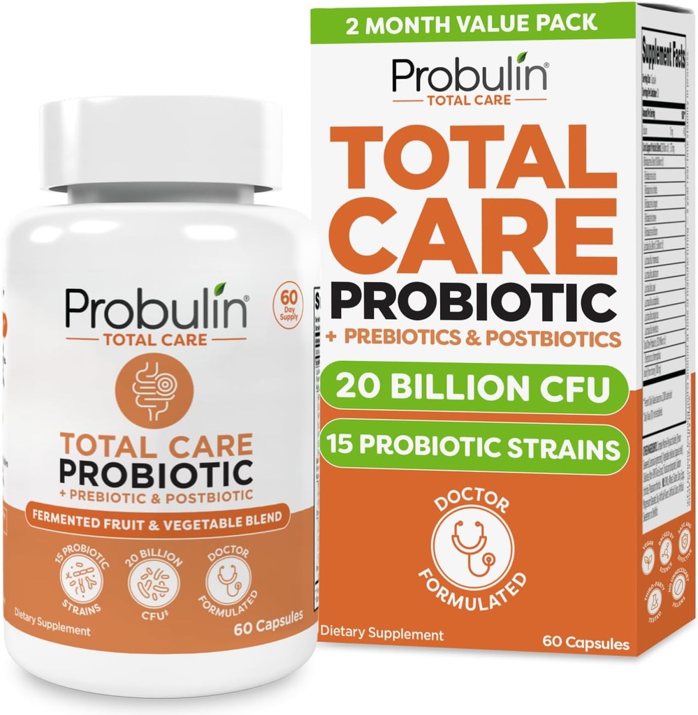 Probulin Total Care Probiotic Supplement, Daily Gut, Digestive, and Immune Health Probiotics Capsules for Men and Women, 20 Billion CFU, Vegan, 60 Count Bottle