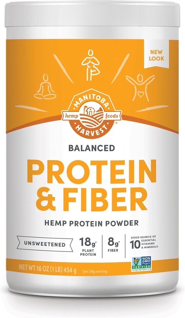 Manitoba Harvest Hemp Yeah Balanced Protein and Fiber Powder, Unsweetened, 16oz, with 15g protein, 8g Fiber and 2g Omegas 3&6 per Serving, Keto-Friendly, Preservative Free, Non-GMO, Packaging May Vary