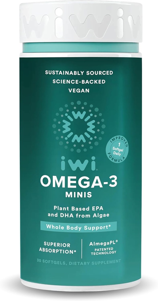 Iwi Omega-3ミニSoftgels(30サービング)、Swallow、植物ベースの藻オメガ3、EPA + DHA、全身サポート栄養補助食品、Krill&フィッシュオイル代替、魚介類のAftertasteなし