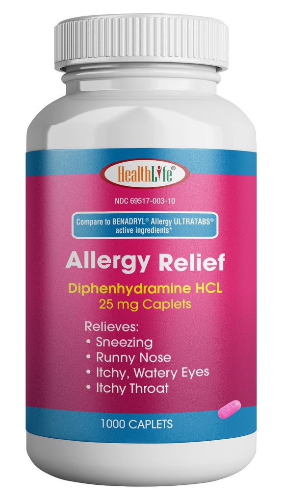 HEALTH LFEのアレルギーの救助、薬のDiphenhydramine HClの小冊子、25のmgの 子供および大人 Sneezing、Ronyの鼻、ヘイ・ファーの症状、かゆみの目および喉(大、1000の計算)を信じて下さい