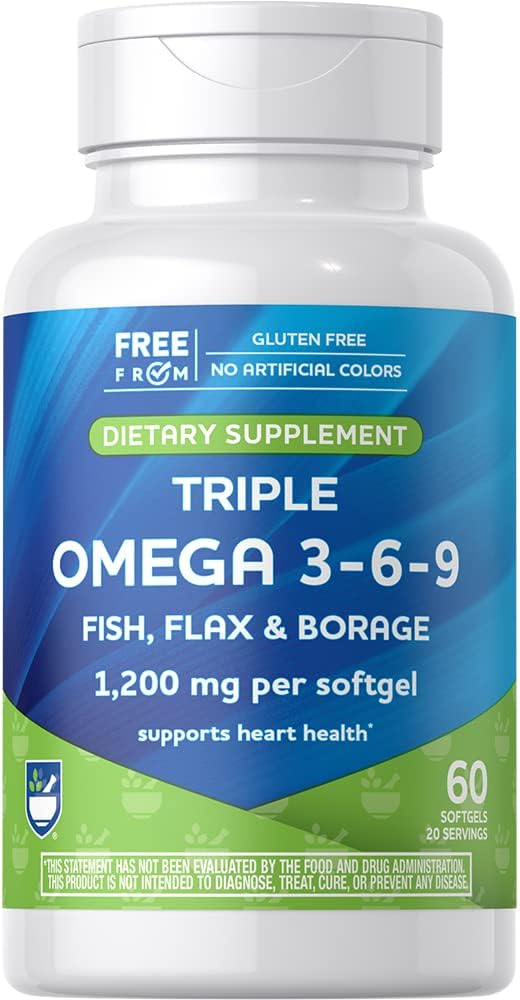 Rite Aidトリプルオメガ3、6、9 Softgels - 健康な心、DHAとEPA、亜麻仁とホウラージュオイルをサポートする60カウントフィッシュオイル