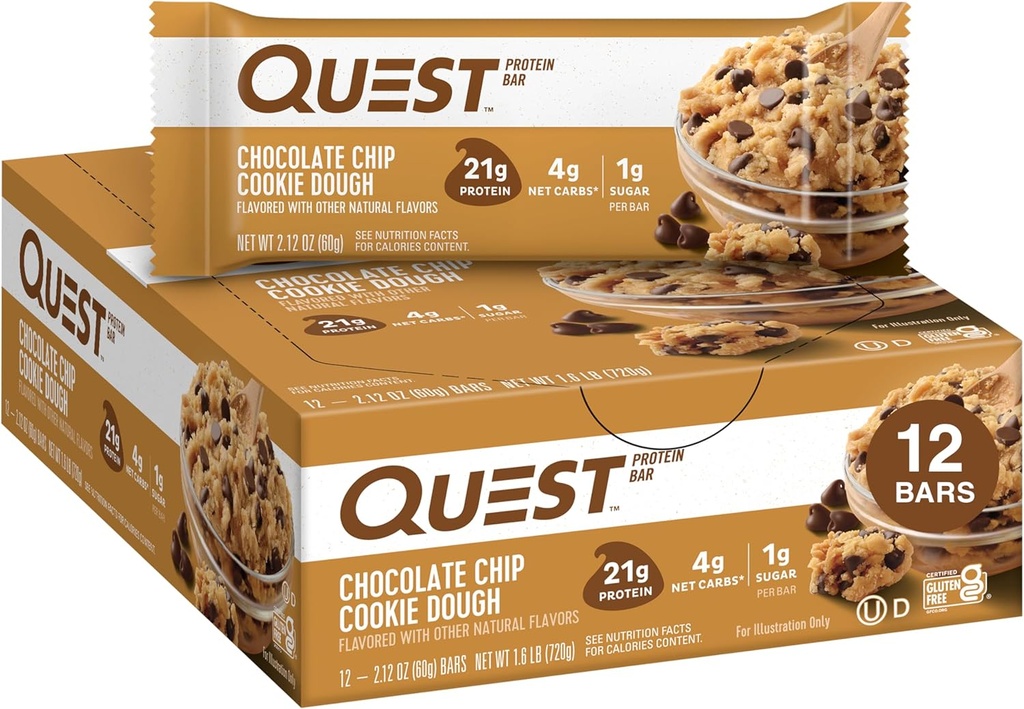 Quest Nutrition Chocolate Chip Dough Cookie Protein Bar, 21g Protein, 1g Sugar, 4g Net Carb, Gluten Free, Keto Friendy, 12 カウント