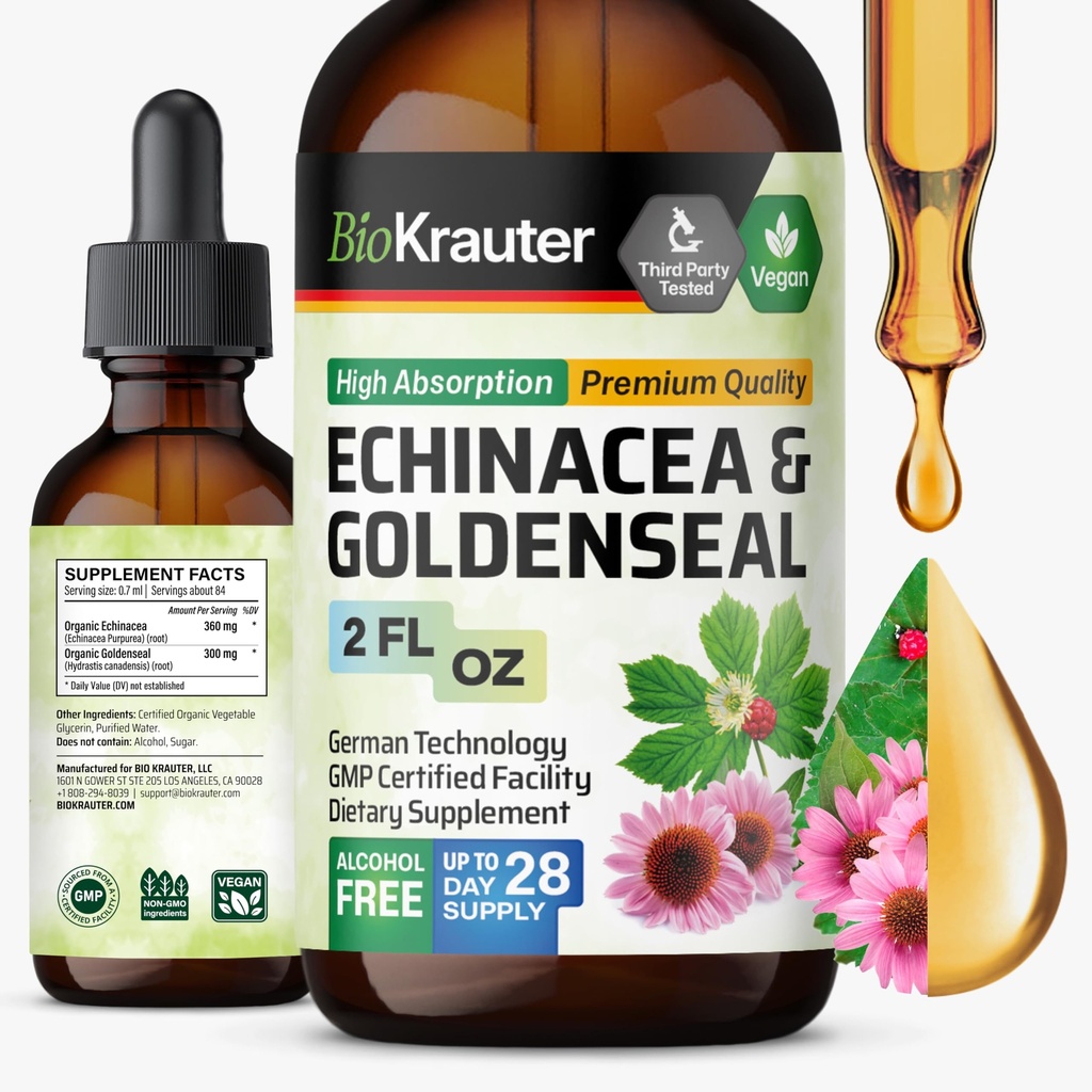 BIO KRAUTER Echinacea とゴールデンシール ルート液体エキス - 自然な免疫サポート - エキナセア ゴールデンシールでドロップ - ビーガン, アルコール & 砂糖無料チンブ - 2 Fl.Oz.