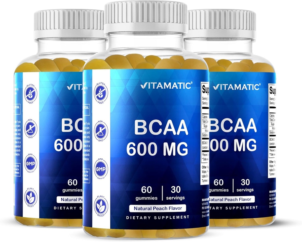Vitamatic BCAA Gummies - Branch Chain Amino Acid Supplements - Peach Flavor - 600mg per Serving - 60 Vegan Pectin Based Gummies (3 Bottles)