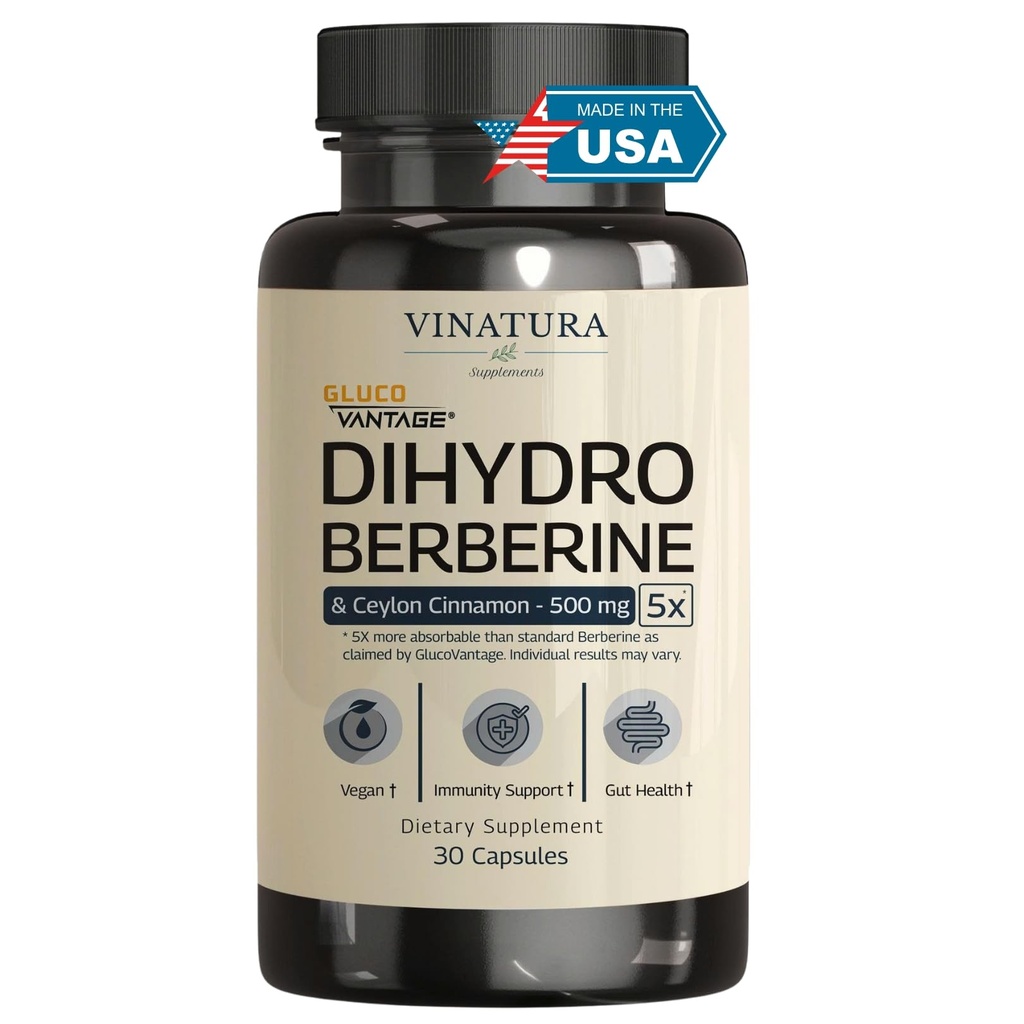 VINATURA Dihydroberine Ceylon Cinnamon、500mg - (特許取得済みのGlucoVantageスーパーバーリン)、多分Berberine 5Xより吸収可能 - 30カプセル