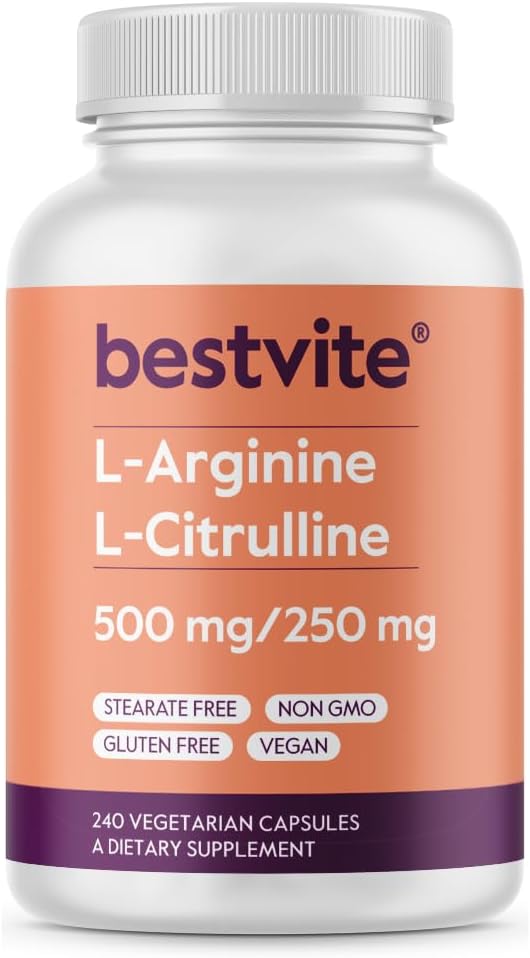 BESTVITE L-アルギニン L-シトルリン 500mg / 250mg ビーガン(240 ベジタリアンカプセル) - ステアリングなし - ジケリウムフレートなし - 非GMO - グルテンフリー