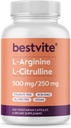 BESTVITE L-アルギニン L-シトルリン 500mg / 250mg ビーガン(240 ベジタリアンカプセル) - ステアリングなし - ジケリウムフレートなし - 非GMO - グルテンフリー