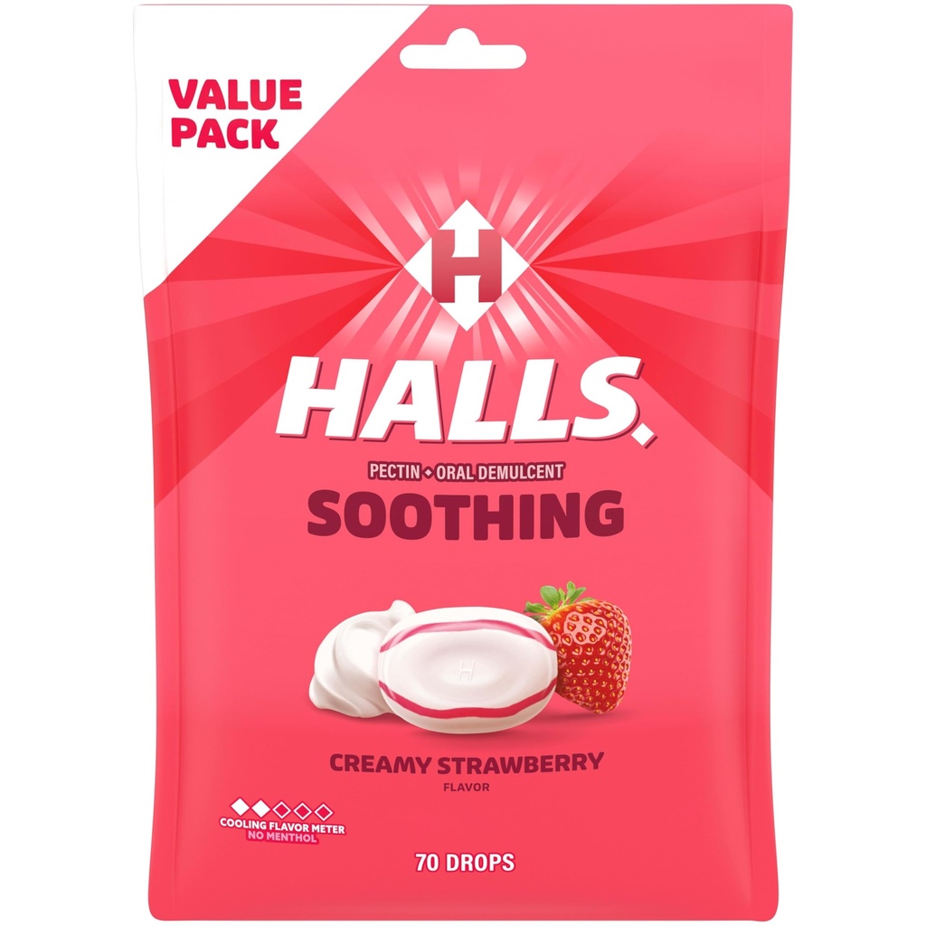 HALLS Throat Soothing(以前はHALLS Breezers) クリーミーストロベリースロートドロップ、エコノミーパック、70ドロップ