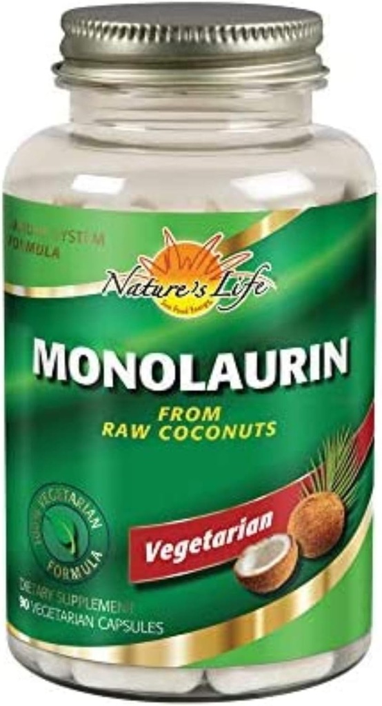 Nature's Life Monolaurin 1000mg、Natural Raw Coconut、Immende Support Supplement、Gut Health、 Balanced Gut Flora、60日間保証、45サービング、90ベジタリアンカプセル