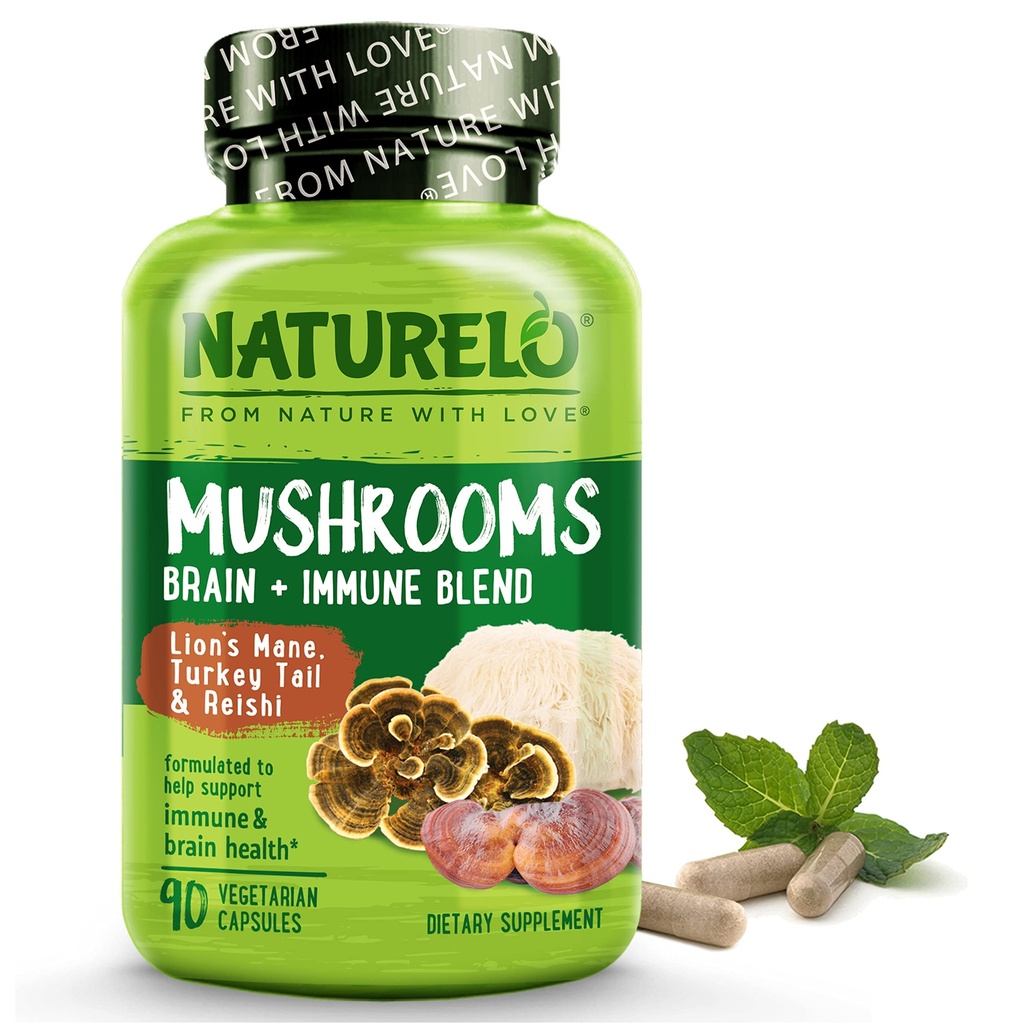 NATURELOのきのこの補足の頭脳及びライオンsのマネ、Reishi、トルコの尾90のビーガン友好的なカプセルが付いている免疫の健康のブレンド