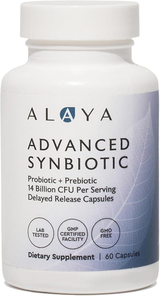 Alaya Naturals Advanced Synbiotic - Probiotic + Prebiotic - 14 Billion CFU Delayed Release Probiotic Supplement with Prebiotics from Sunfiber®、およびGut Lining IntegrityのLグルタミン - 60カプセル