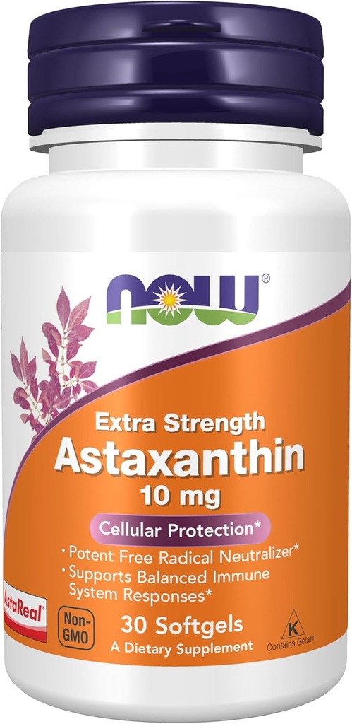 NOW Foods Supplements, Astaxanthin 10mg, Extra Strength,derived from Non-GMO Haematococcus Pluvialis Microalgae and has Naturally Occurring Lutein, Canthaxanthin and Beta-Carotene, 30 Softgels