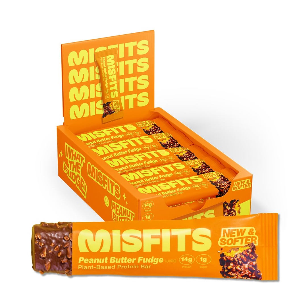 Misfits ビーガンプロテインバー, ピーナッツバターファッジ - 更新レシピ | プラントベース, 低砂糖 & 炭水化物, 高繊維スナック | パック 15