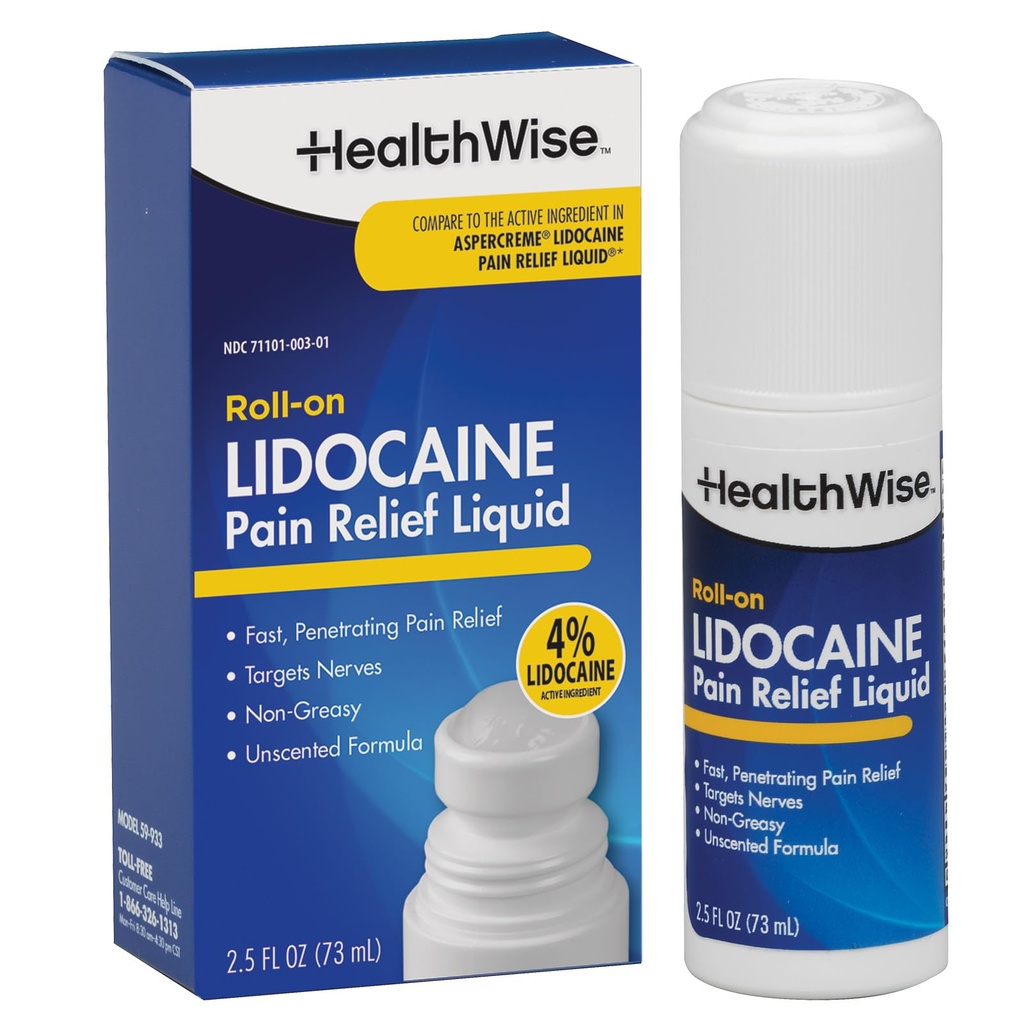 HealthWise 4% リドカインロールオン | OTC 強度 | 痛みの軽減液 | 2.5 oz. 73 mL | 非脂質、無濃度の式 | 局部麻酔薬