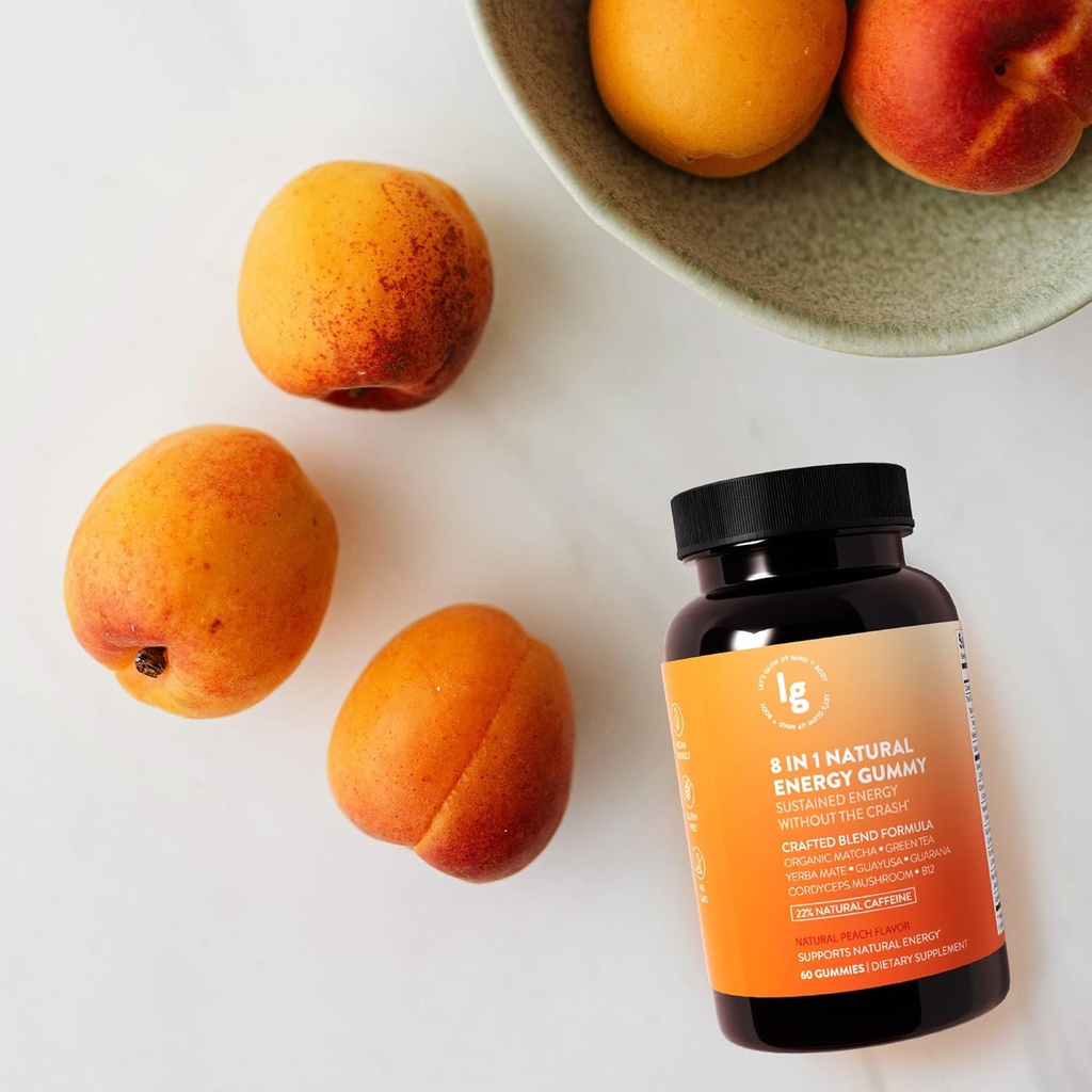 8-in-1天然エネルギーグミ - ビタミンB12、C、カフェイン、マルチビタミン+睡眠&フォーカスサポート - 男性と女性のためのビーガンエネルギー咀嚼 - ピーチフレーバー - 60 Ct