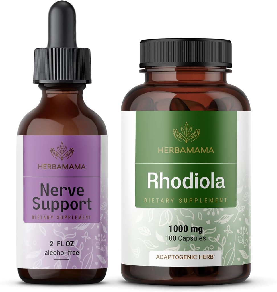 HERBAMAMA NerveサポートとRhodiolaキット - Nerveサポート液体コンプレックスのバンドル2 fl oz&Rhodiola Roseaカプセル - ビーガン、非GMO、砂糖&アルコールフリー、2パック