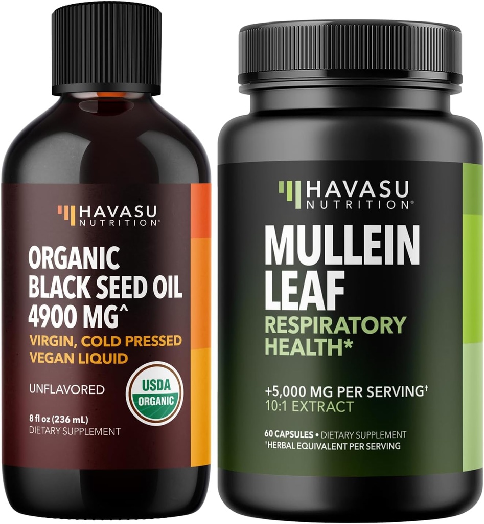 HAVASU NUTRITIONの有機性黒い種のオイルの液体+ Mulleinの葉のカプセルの束