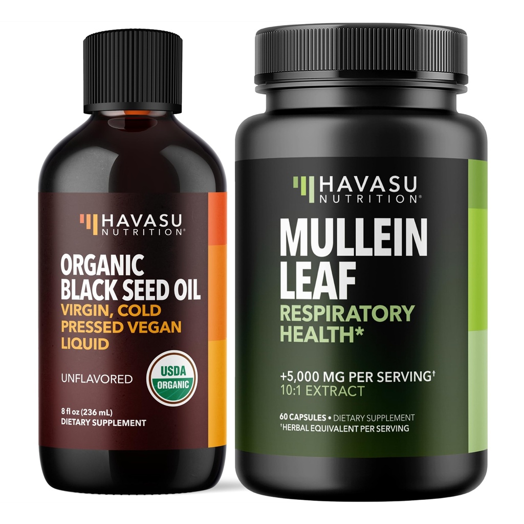 HAVASU NUTRITIONの有機性黒い種のオイルの液体+ Mulleinの葉のカプセルの束