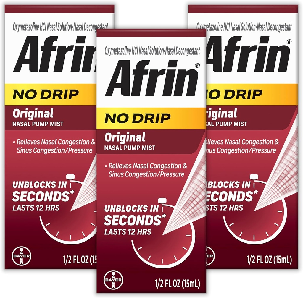 AFRIN No Drip Original Nasal Mist Triple Pack, Non-Drowsy, Fast-Acting Decongestant for Nasal Congestion and Sinus Pressure Relief, Adults and Children 6 and Older, .5 fl oz (Pack of 3)