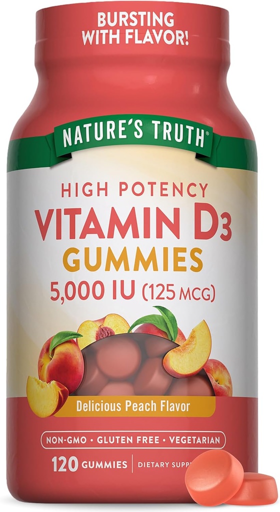 Nature's Truth Vitamin D3 Gummies | 5000 IU | 120 カウント | ベジタリアン・非GMO・グルテンフリー対応サプリメント | ナチュラルピーチ・フレーバー、1パック
