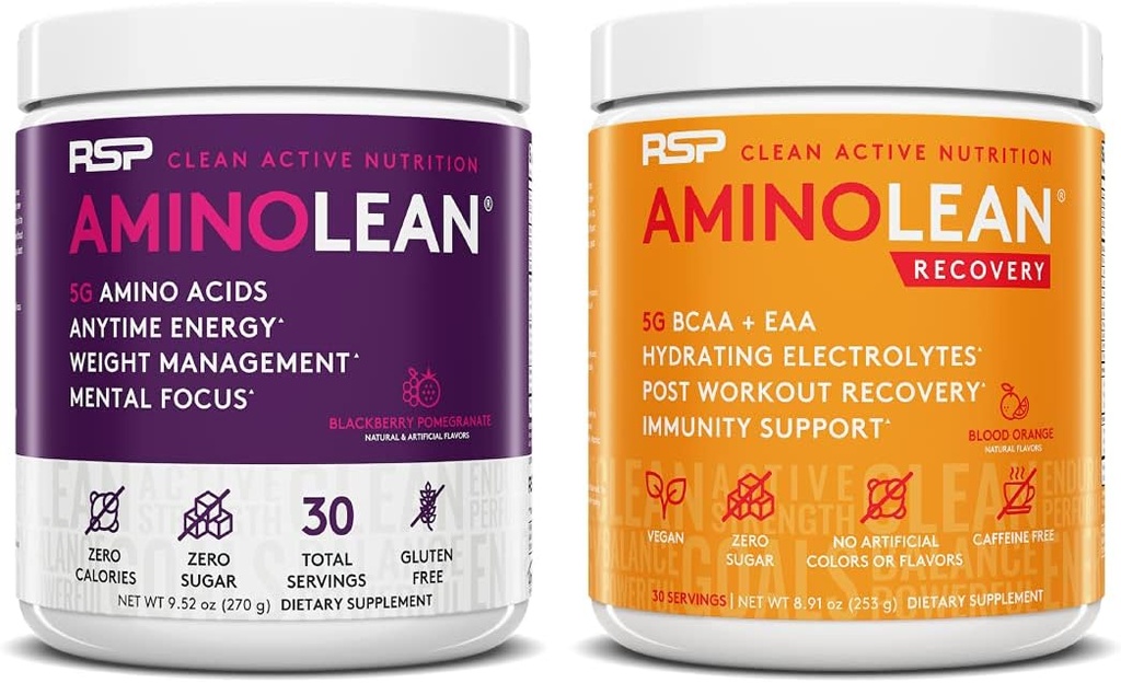 RSP NUTRITION AminoLean プレワークアウトエネルギー (BlackBerry Pomegranate 30 サービング) と AminoLean Recovery ポストワークアウトブースト (Blood Orange 30 サービング)