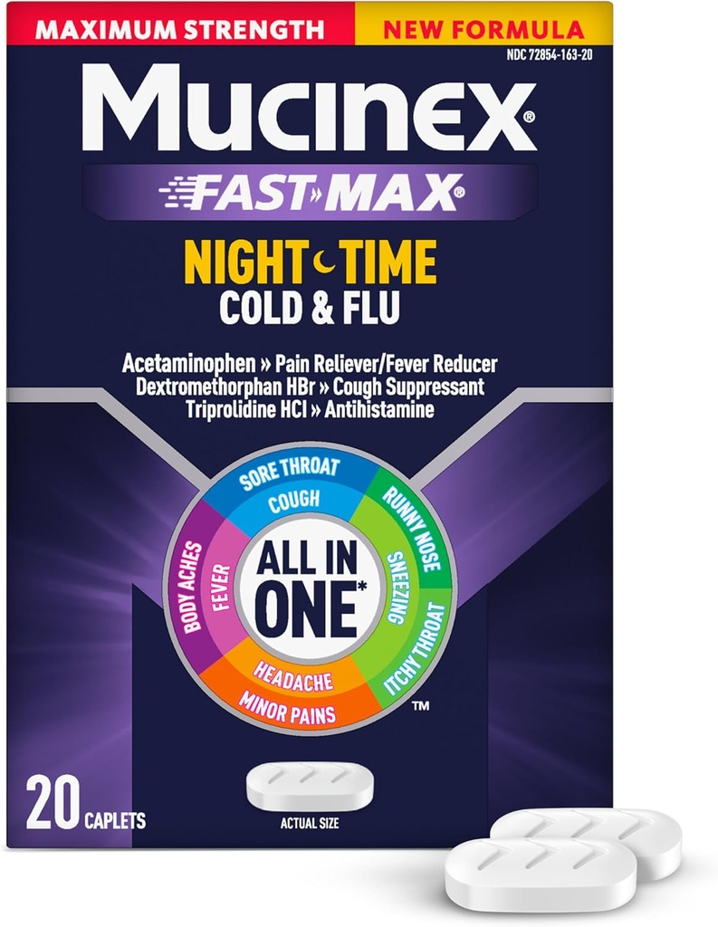 MucinexのNightshiftの風邪及びFluの最高の強さの強力な多症状の夜間救助、20の速い解放の小冊子-痛みのReliever/Feverの減力剤、咳の抑制剤、抗ヒスタミン