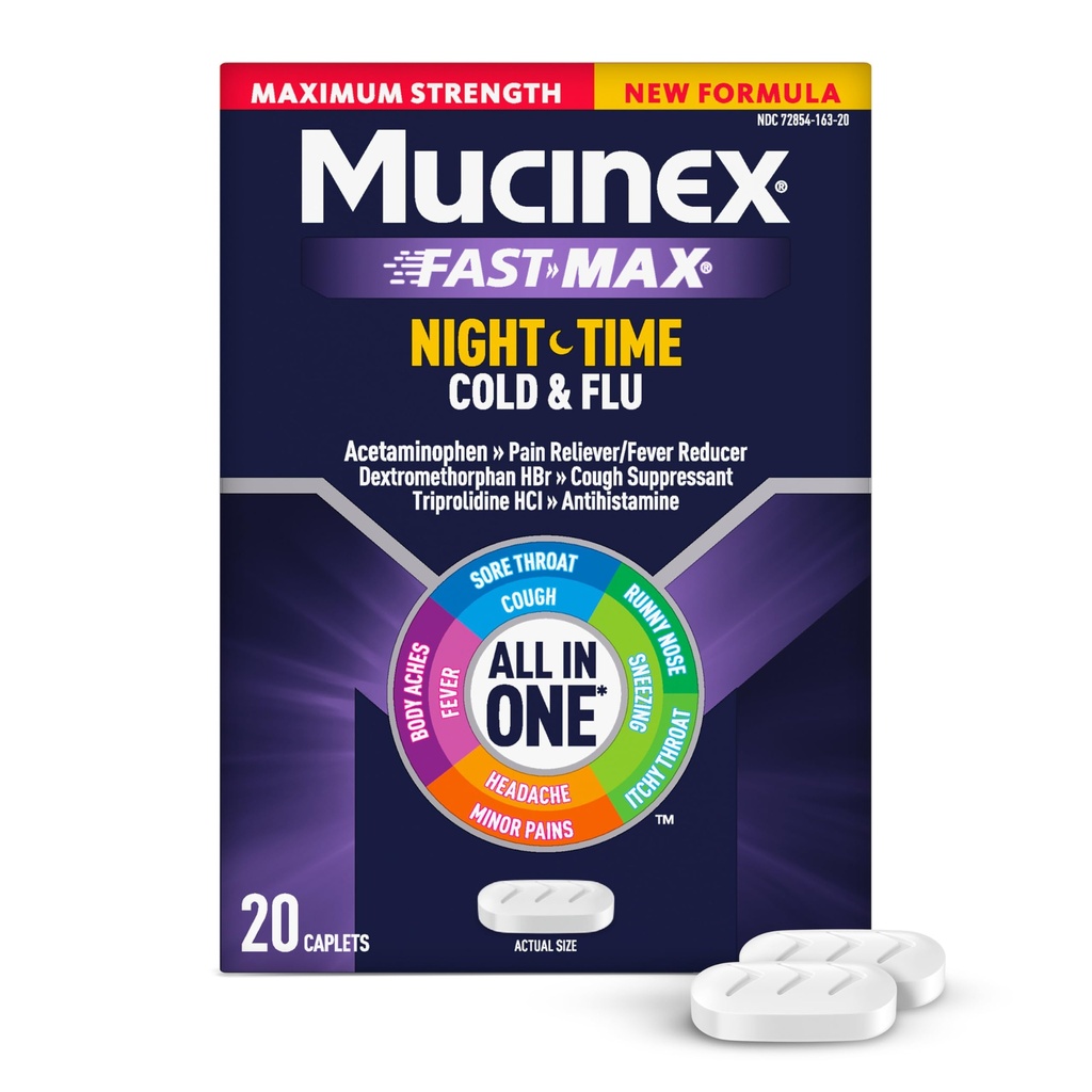 MucinexのNightshiftの風邪及びFluの最高の強さの強力な多症状の夜間救助、20の速い解放の小冊子-痛みのReliever/Feverの減力剤、咳の抑制剤、抗ヒスタミン