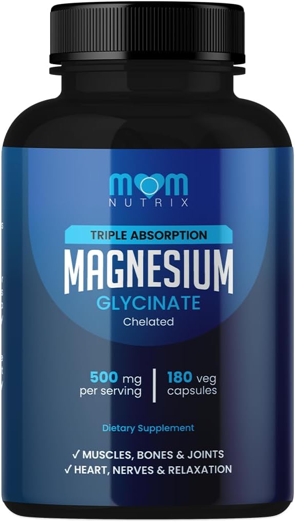 Magnesium Glycinate - 500 mg Chelated Triple Absorption Magnesium - Heart, Bones, Joints Support - Calm & Relax- 180 Capsules
