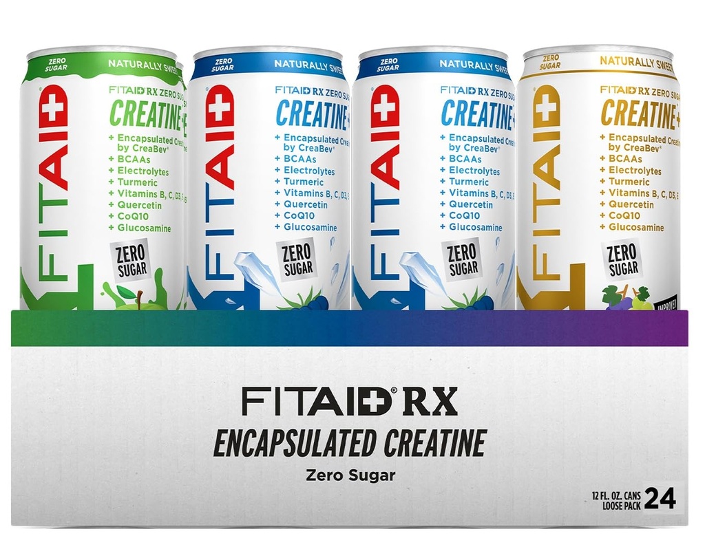 FITAID RXゼロシュガー、カプセル化されたクレアチン、ワークアウトの回復飲み物、オールインワンブレンド、BCAAs、グルコサミン、ターメリック、Bコンプレックス、電解液、バラエティパック、12 Fl Oz(24のパック)