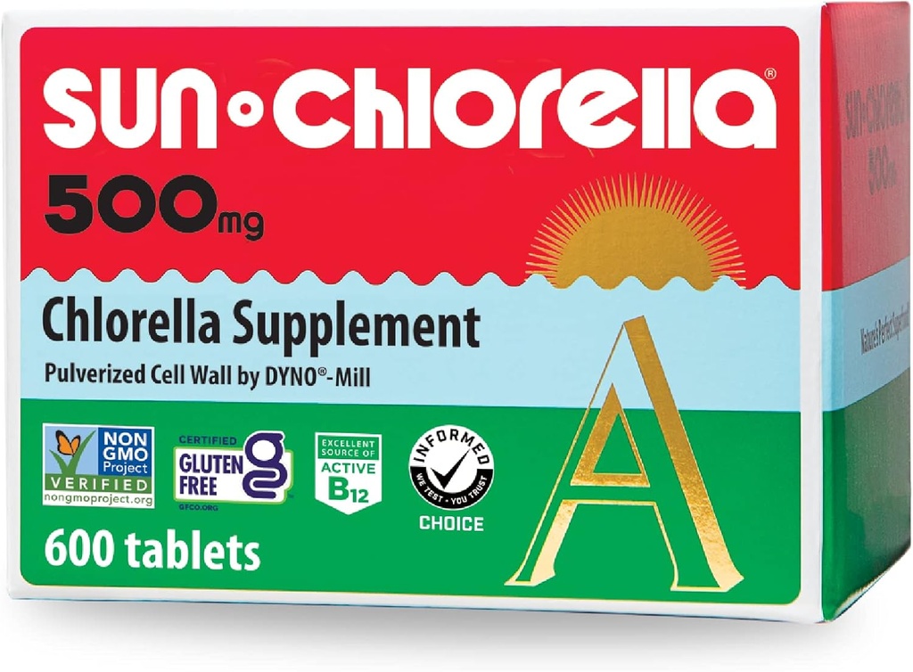 Sun Chlorella 500mg 全ボディ ウェルネス グリーン Algae スーパーフード サプリメント - 免疫 防衛, 腸の健康, 自然浄化, エネルギーブースト - Chlorophyll, B12, 鉄, タンパク質 - Non-GMO - 600 タブレット