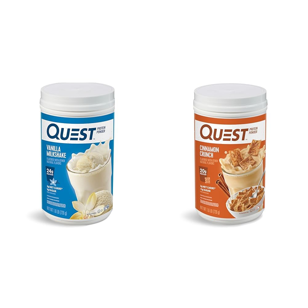 Quest Nutrition Vanilla Milkshake Protein Powder, 24g of Protein, 1g of Sugar, 1.6 Pound, 23 Provides & Cinnamon Crunch Protein Powder, 20g Protein, 2g Net Carb, 1g Sugar, 低炭水化物