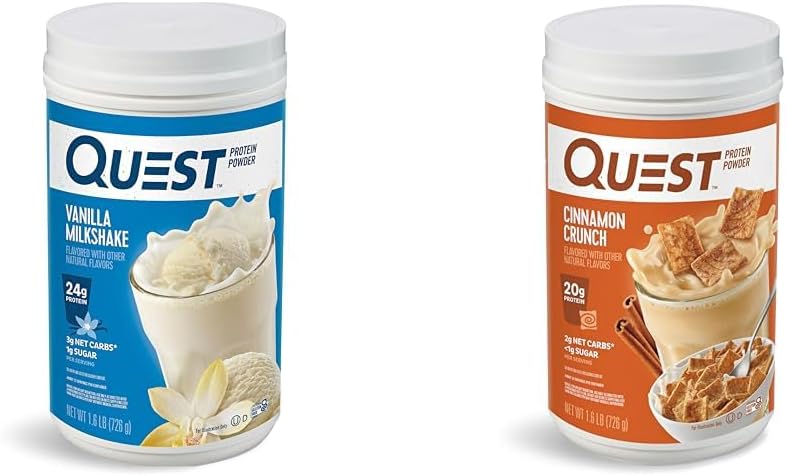Quest Nutrition Vanilla Milkshake Protein Powder, 24g of Protein, 1g of Sugar, 1.6 Pound, 23 Provides & Cinnamon Crunch Protein Powder, 20g Protein, 2g Net Carb, 1g Sugar, 低炭水化物