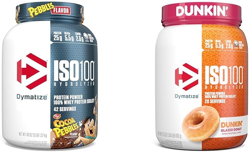 Dymatize ISO100 Hydrolyzed Protein Powder, 100% Whey Isolate, 25g of Protein, 5.5g BCAAs & ISO100 Hydrolyzed Protein Powder, 100% Whey Isolate, Dunkin' Glazed Donut Flavor