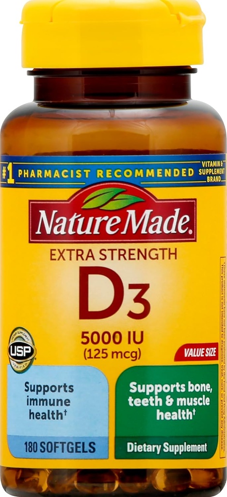 余分強さのビタミンD3 5000 IU (125のmcg)、180のSoftgelsの価値サイズ、高い効力のビタミンDは免疫の健康、強い骨および歯、及び筋肉機能を支えるのを助けます