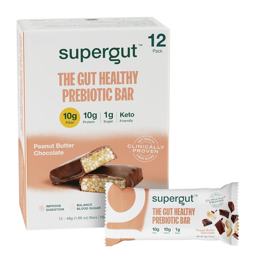 Supergut GLP-1 Boosting Prebiotic Bars, Peanut Butter Chocolate - Gut Healthy Protein Snacks & Breakfast Bars - Keto-Friendly Meal Replacement Energy Bars for Gut Health (12 Count)