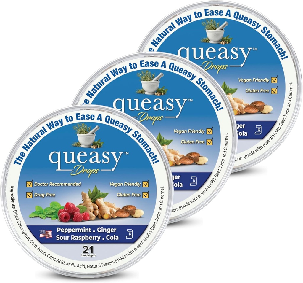 3つのロリーズ・クイージー・ドロップ - 吐き気と旅行の病気からの救済 - ドライ・ムート&ステトルズの胃 - 天然成分 - 4つのフレーバー - 21ct(パッケージ3)