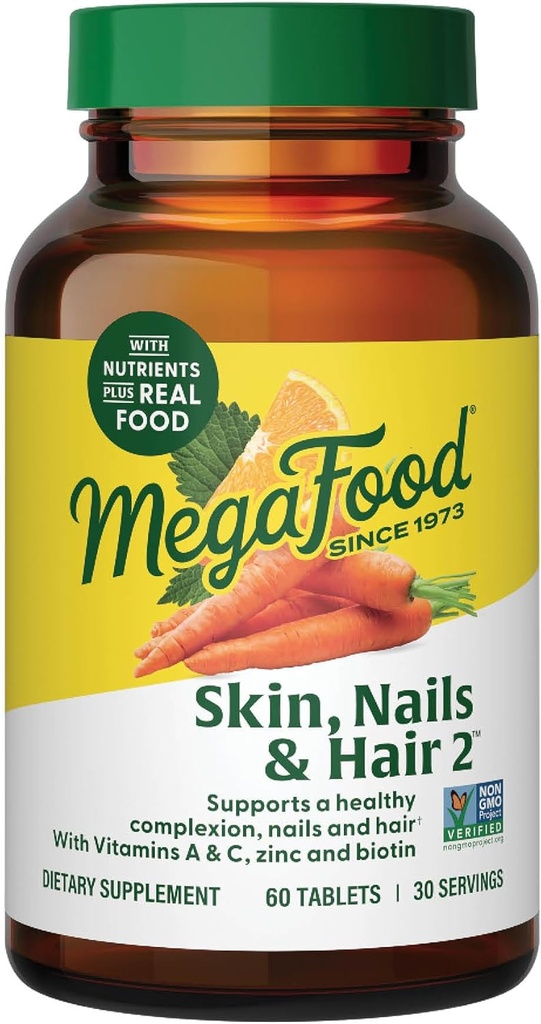 MegaFood Skin, Nails & Hair 2 - Vitamins for Women & Men - Biotin, Vitamin A, C, Zinc, B6, E, Pantothenic Acid - Vegan - Made Without 9 Food Allergens - 60 Tabs (30 Servings)