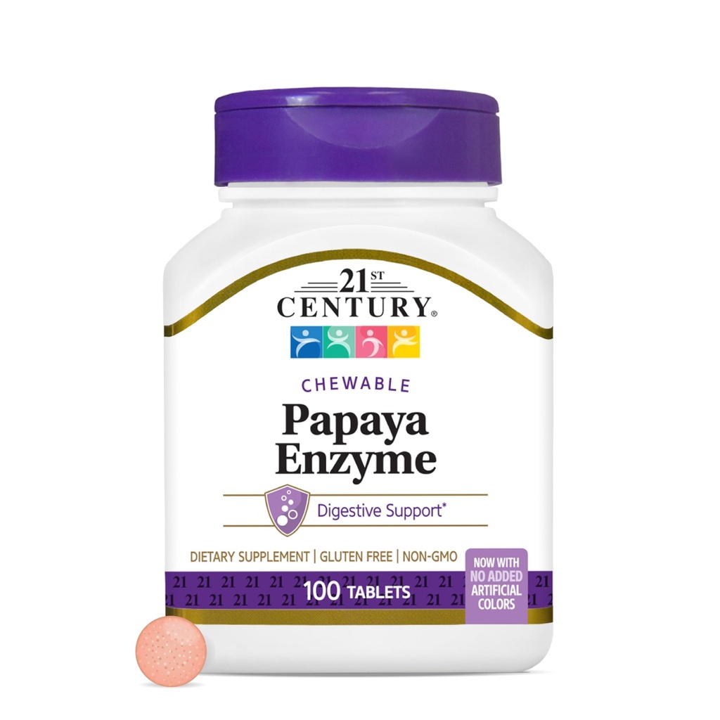 21st Century Papaya Enzyme Chewable (100 カウント), Papaya & Pineapple Digestive Enzymes for Gut Health, トロピカル・フレーバー, Non-GMO, Gluten-Free, No Add Salt, 人工的なフレーバー