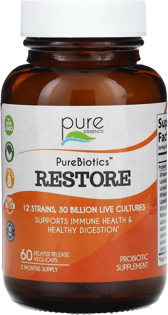 PURE ESSENCE LABS Restore Probiotic Supplement 30 Billion CFU - 男性と女性のためのプロバイオティクス - 免疫サポートと消化の健康のための12の緊張 - 便秘の救済のための自然なサポート(60キャップ)