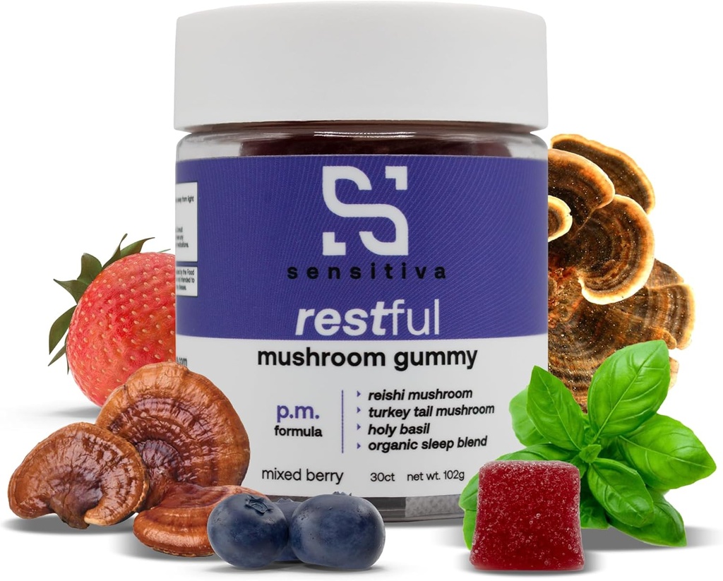 Sensitiva 休息キノコグミー P.M. フォーミュラ - Reishi & Turkey テールマッシュルーム サプリメントグミー、睡眠のためのマッシュルームグミー、リラックス&ストレスリリーフ(ミックスベリーP.M.フォーミュラ)