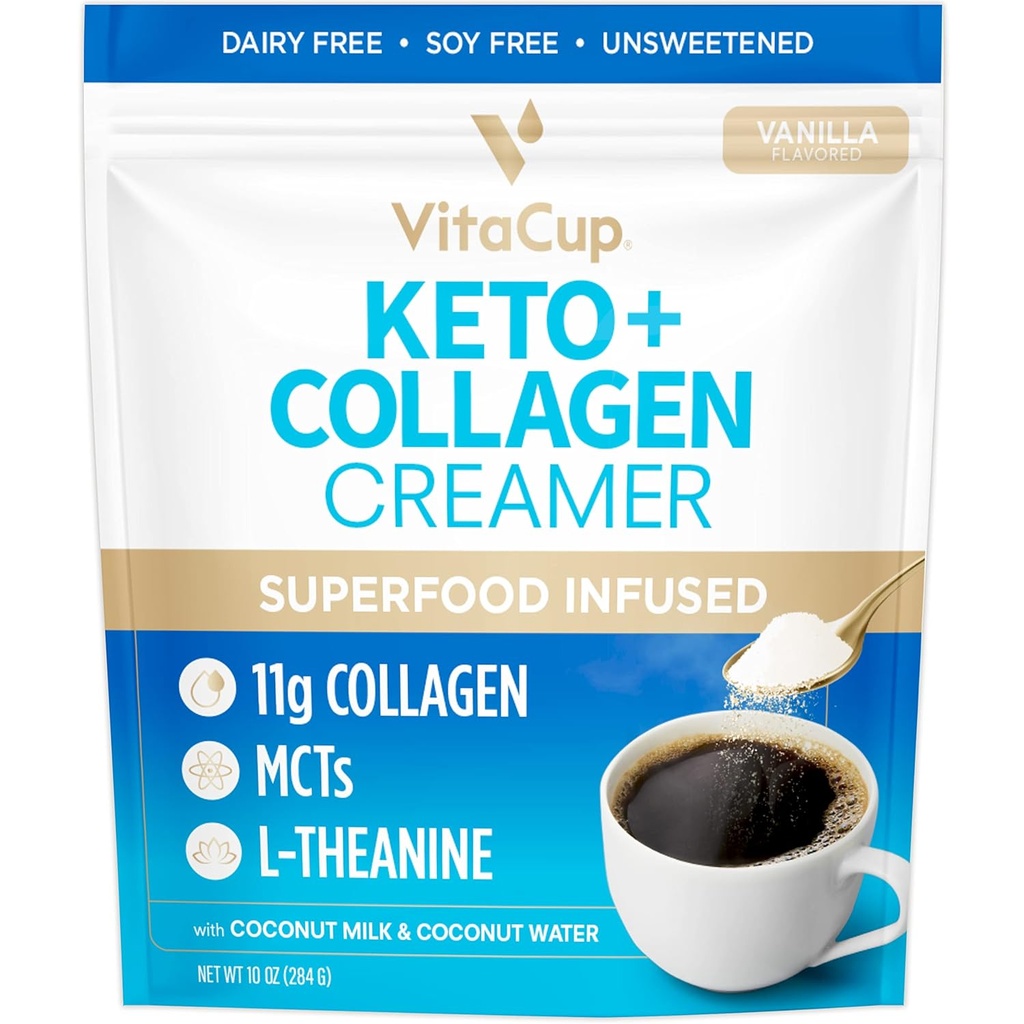 VitaCup Keto + MCT、Collaagen Protein、Coconut Water、Ketoダイエット用L-テアニン、コーヒー、スムージー、ダイリーフリー、グルテンフリー、大豆フリー、10ozでの使用