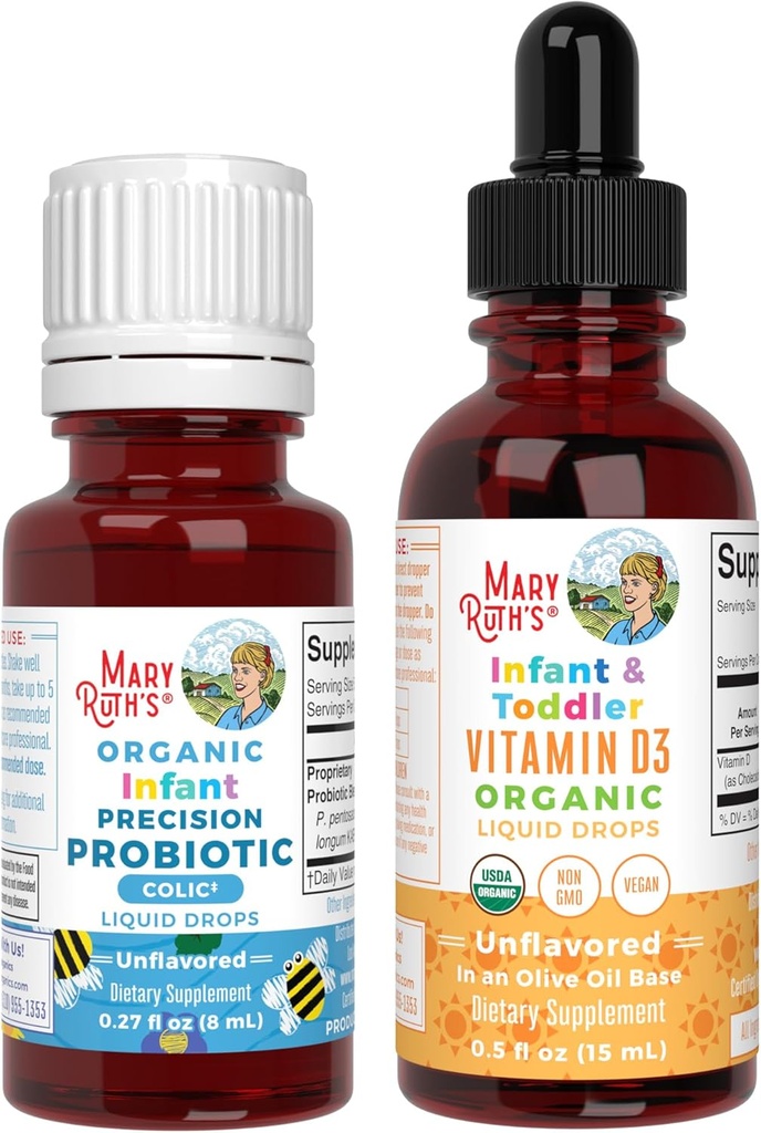 MaryRuth Organics Infant Precision Probiotics Colic & Vitamin D3 Drops | USDA Organic, Clean Label Project Verified® | 免疫サポートと全体的なウェルネスのためのビタミン | 完全菜食主義者、非GMO、グルテンフリー