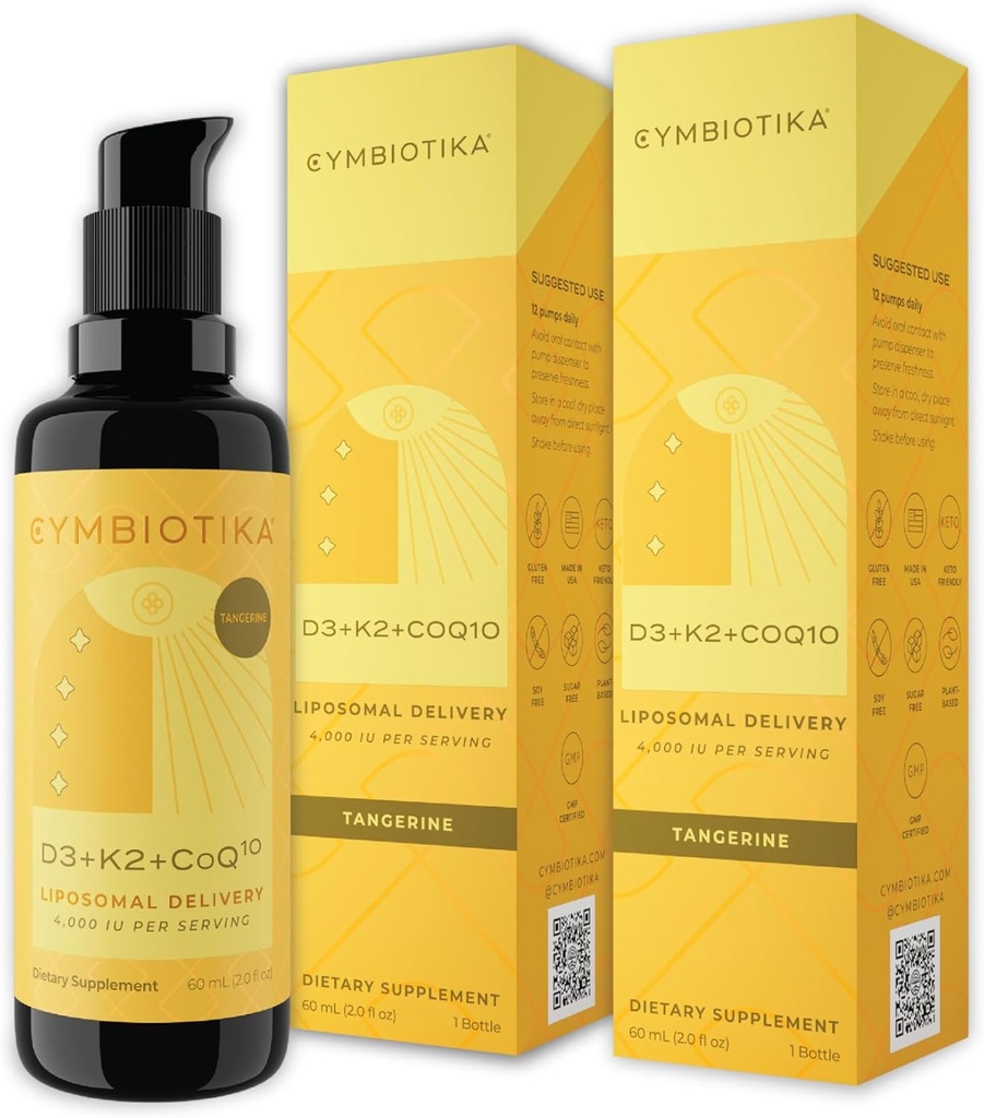 CYMBIOTIKAのビタミンD3 + K2 + CoQ10の液体、免疫サポートのためのビタミンDの補足、中心の健康及び骨の健康、エネルギー ブースター、Liposomal配達、ビーガン、タンジェリンの味、2pck (4.0 fl oz。)